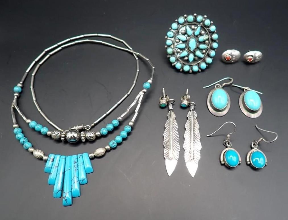 Native American Silver & Turquoise Jewelry: incl.: Zuni ring; (4) pairs of earrings; necklace, 19" in length