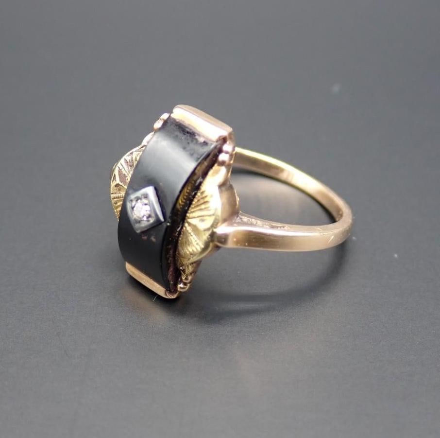 14K Yellow Gold, Diamond and Black Onyx Victorian Ring: size 6; 3.2 grams total weight; acid tested