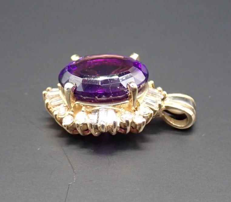 14K Yellow Gold, Diamond and Amethyst Pendant - 2