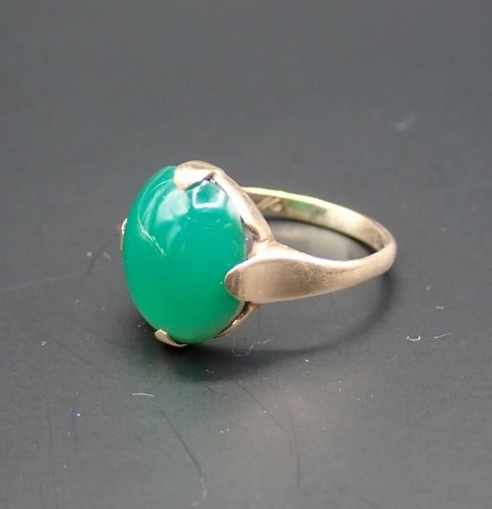 10K Yellow Gold and Jade Victorian Ring: 11.5mm x 9.5mm stone; size 5; 1.8 grams total weight