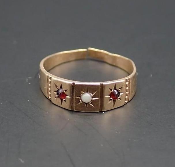14K Rose Gold, Ruby and Pearl Victorian Ring: size 2.75; 0.8 grams total weight; needs mending at the sizing area; acid tested