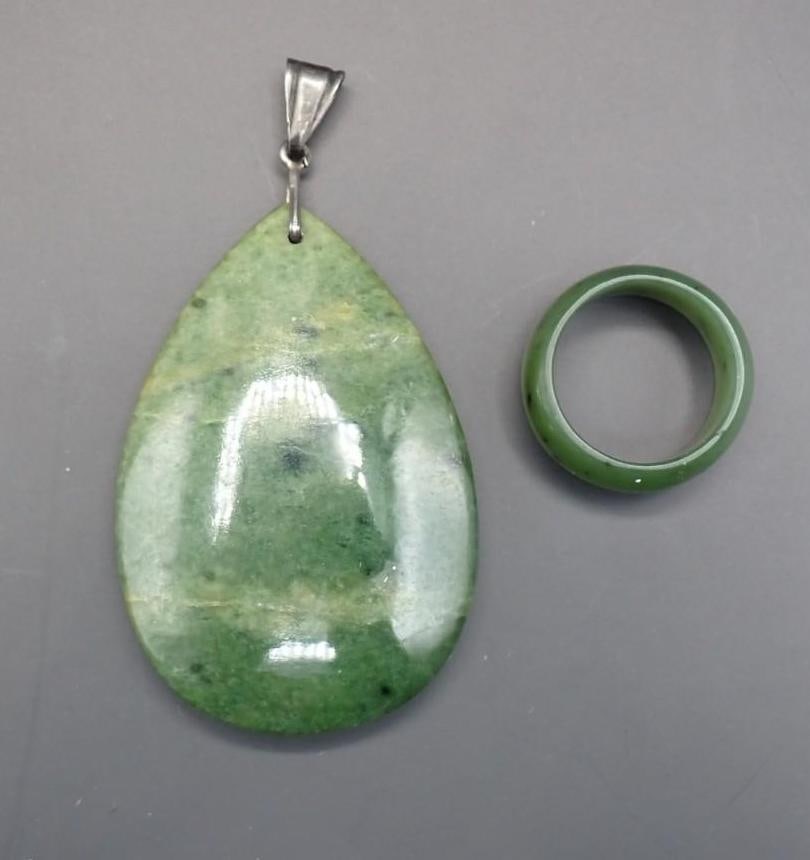Jade Ring & Pendant: the ring 9.8mm wide, size 6.25; the pendant 34mm x 50mm