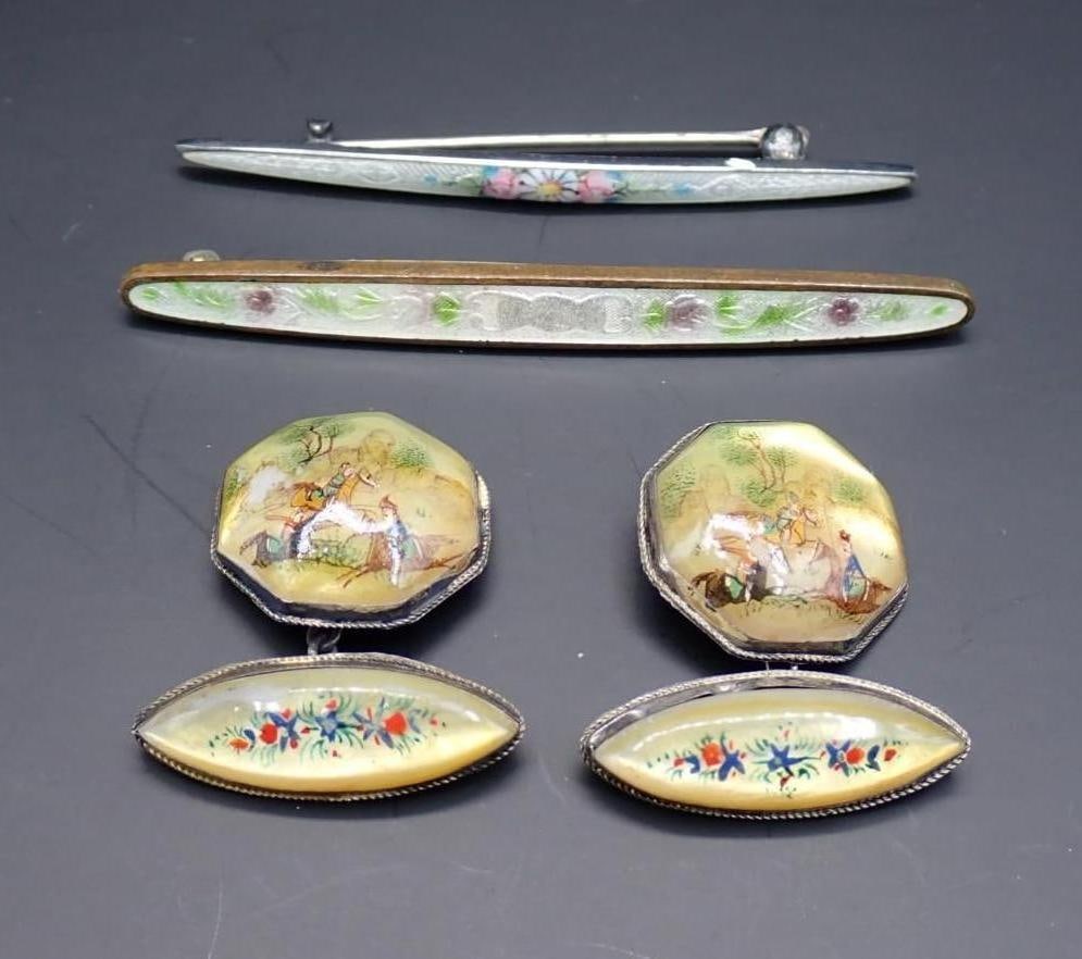 (2) Enamel Bar Pins & Painted MOP Cufflinks: (1) bar pin is sterling, 56mm & 63mm in length; cufflinks some form of silver, 19.5mm+/- in width