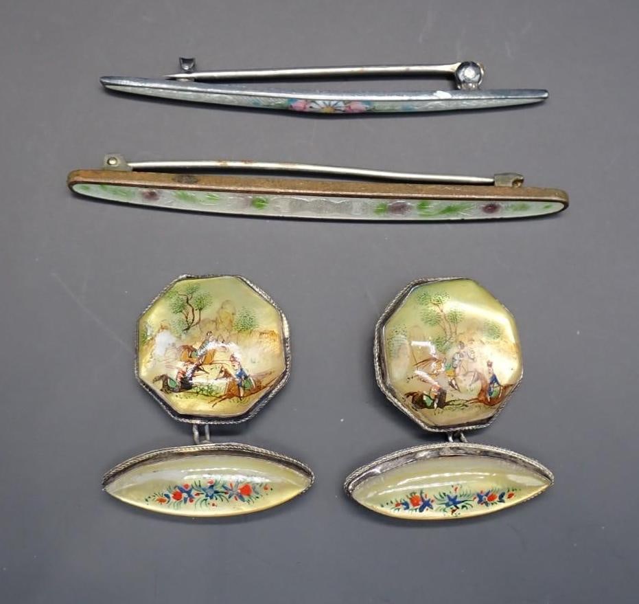 (2) Enamel Bar Pins & Painted MOP Cufflinks - 2
