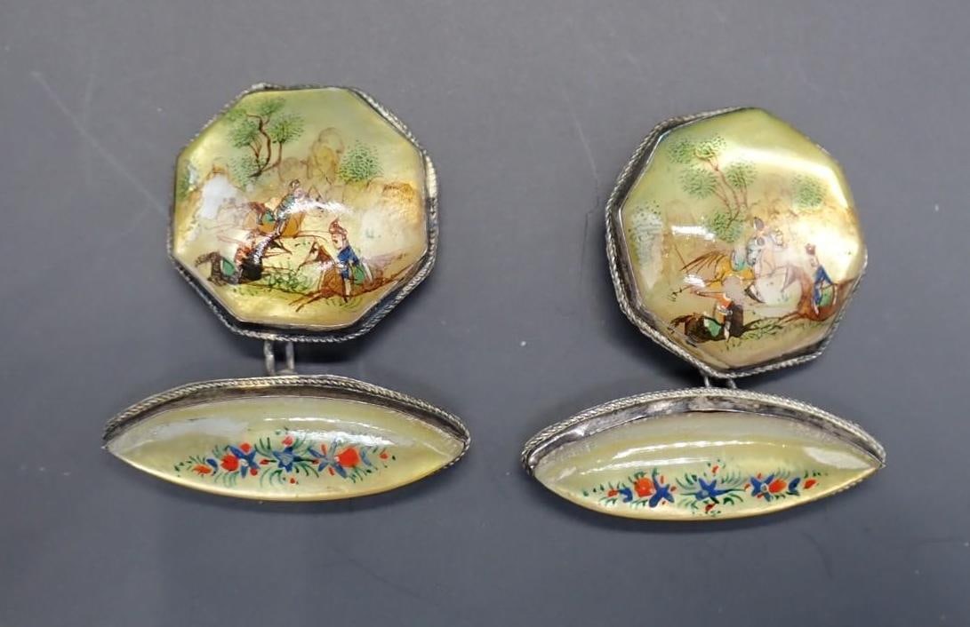 (2) Enamel Bar Pins & Painted MOP Cufflinks - 3