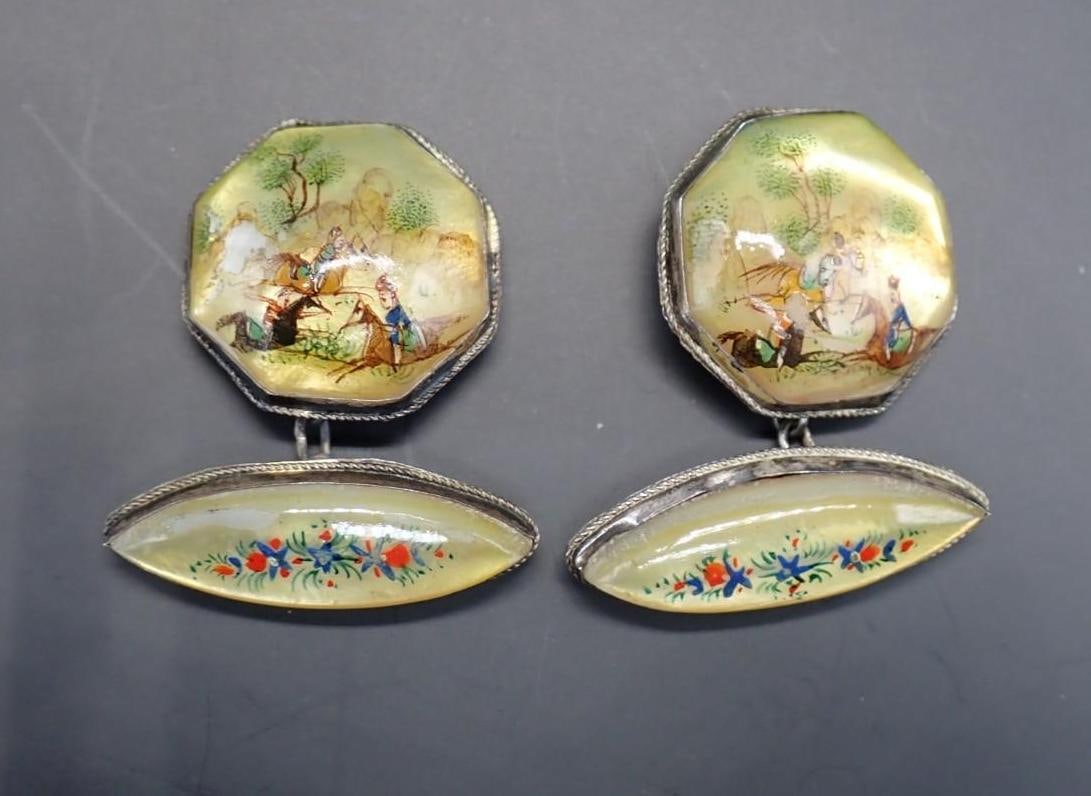 (2) Enamel Bar Pins & Painted MOP Cufflinks - 4