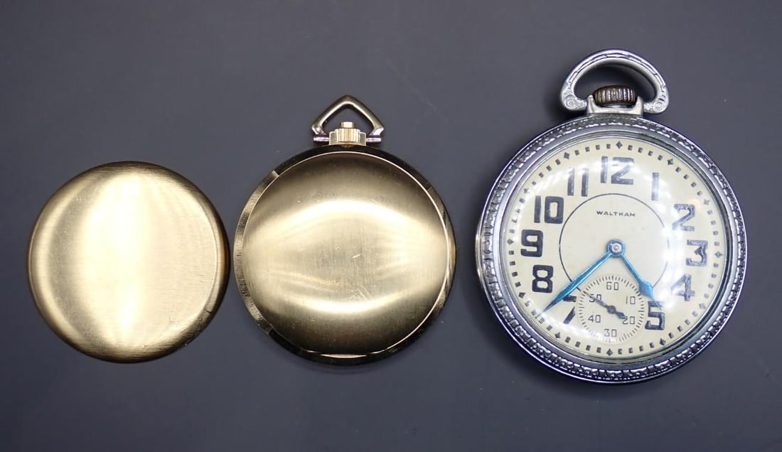 (2) Pocket Watches: Waltham 16-A; 51.5mm in diameter; 17 jewels & Bulova Accutron; 42.5mm in diameter