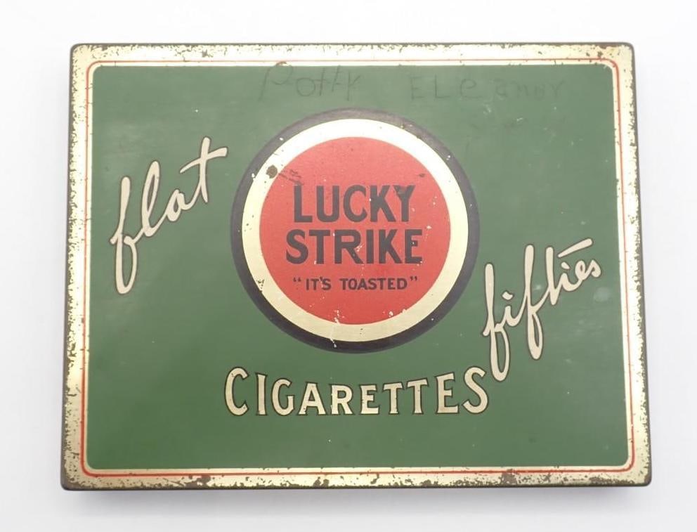 Antique Lucky Strike Cigarettes Tin & Ephemera: incl.: VT soldier Civil War letter dated 1864; (3) photographs of 1921 Harley Davidson in yard at Williams Farm, Charlotte or Vergennes, VT; photograph of Bank Street in Burlington