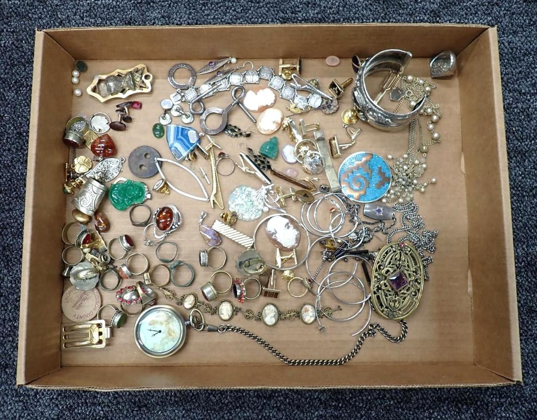 Tray of Costume Jewelry: some sterling in the mix