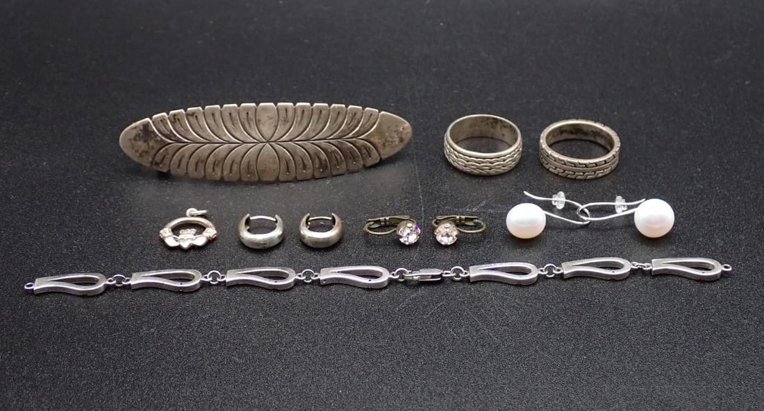 Sterling Silver and Other Jewelry: 34+/- grams of sterling; sterling rings sizes 11 & 11.75; sterling bracelet needs mending
