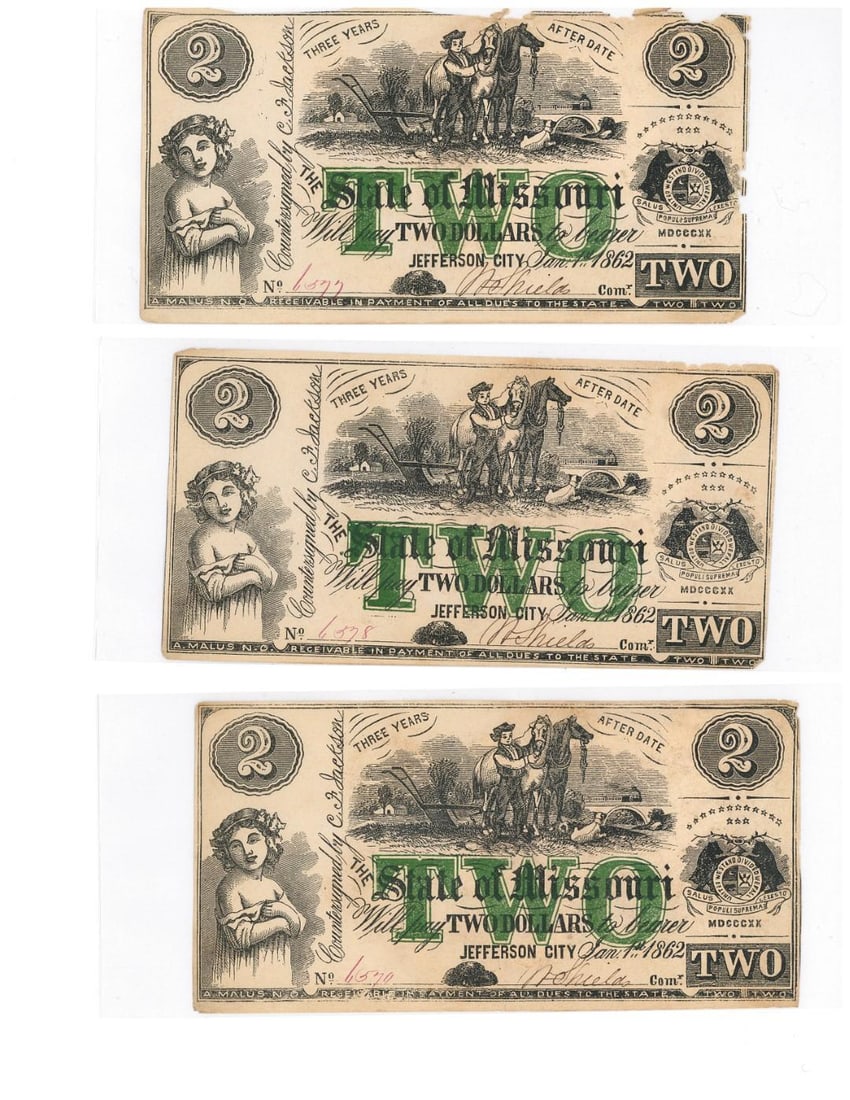 (3) 1862 Missouri $2 Civil War Currency (1 of 2)