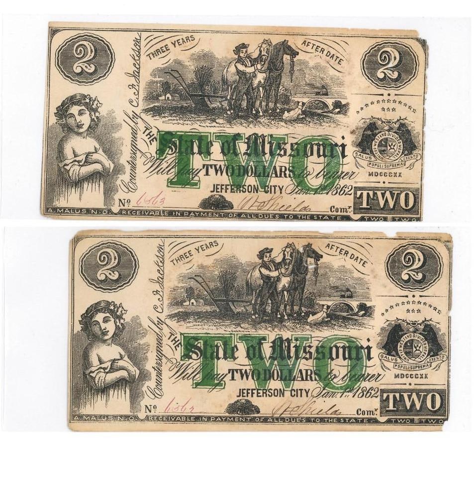 (2) 1862 Missouri $2 Civil War Currency (1 of 2)