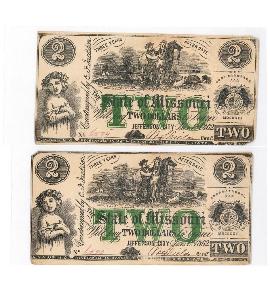 (2) 1862 Missouri $2 Civil War Currency (1 of 2)