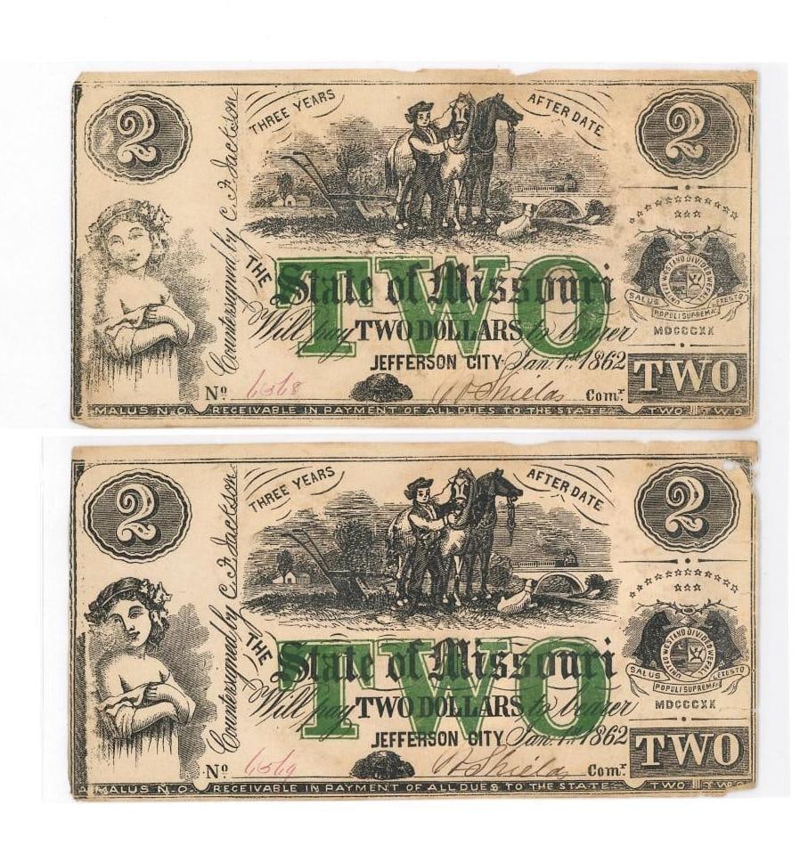 (2) 1862 Missouri $2 Civil War Currency (1 of 2)
