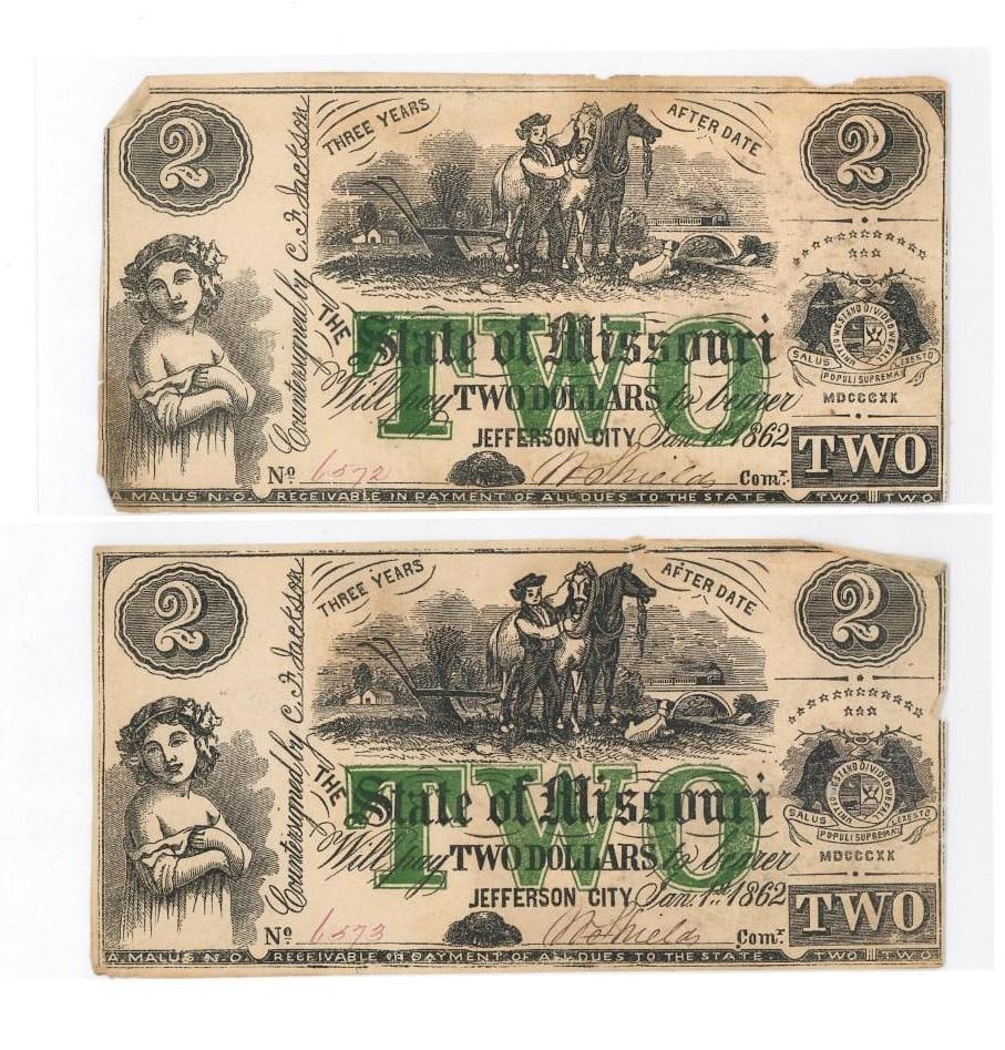 (2) 1862 Missouri $2 Civil War Currency (1 of 2)