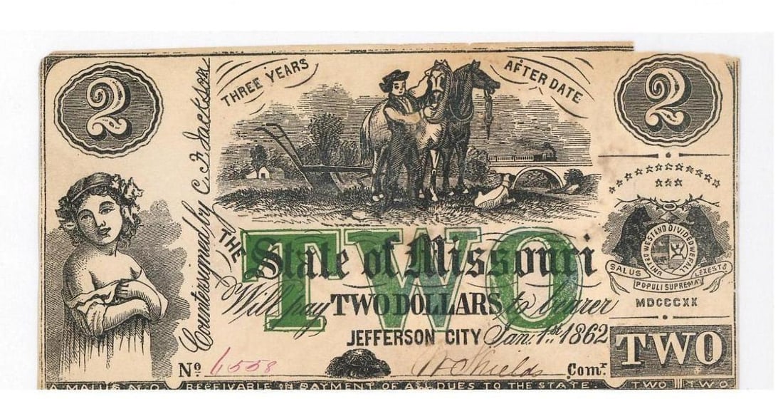 1862 Missouri $2 Civil War Currency (1 of 2)