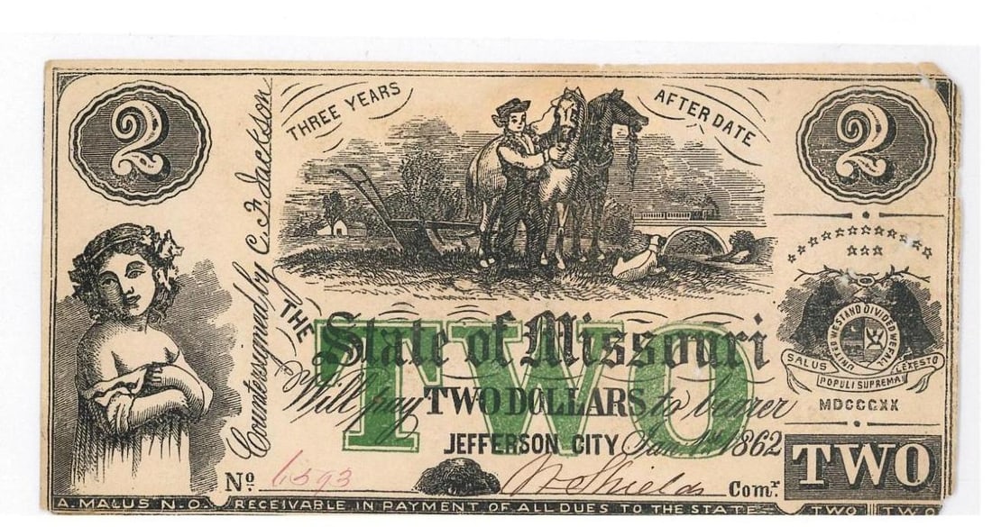 1862 Missouri $2 Civil War Currency (1 of 2)