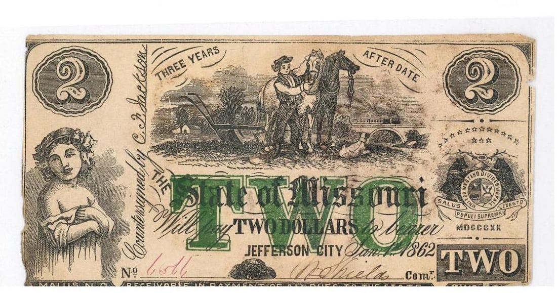 1862 Missouri $2 Civil War Currency (1 of 2)