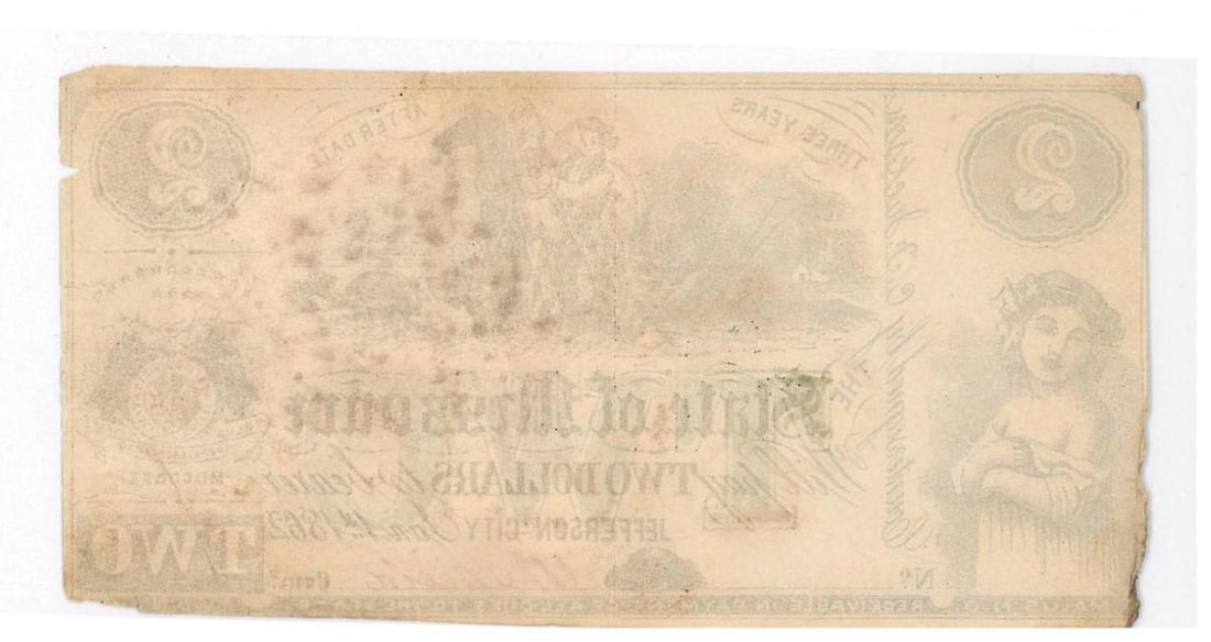 1862 Missouri $2 Civil War Currency - 2