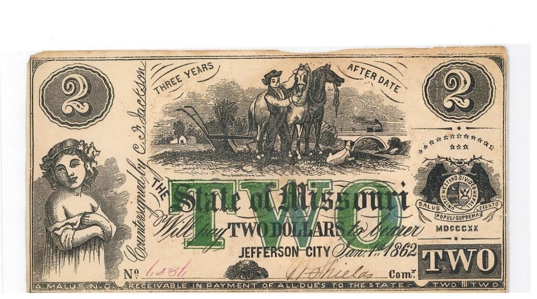 1862 Missouri $2 Civil War Currency (1 of 2)