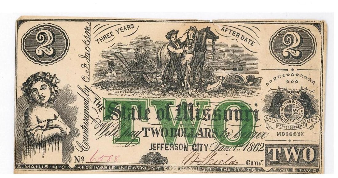 1862 Missouri $2 Civil War Currency (1 of 2)