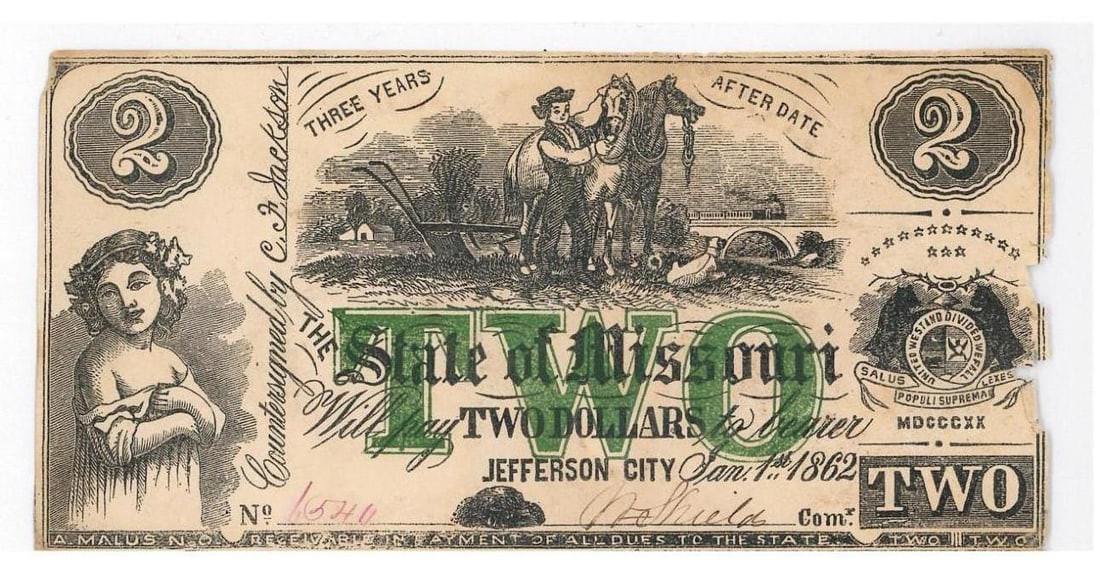 1862 Missouri $2 Civil War Currency (1 of 2)