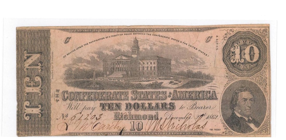 1862 Richmond $10 Confederate Currency (1 of 2)
