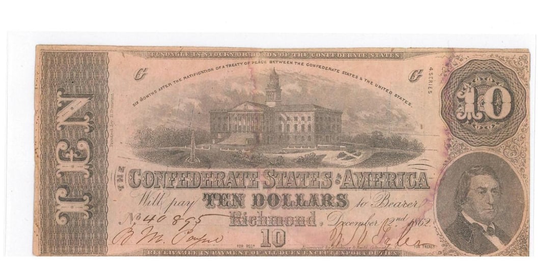 1862 Richmond $10 Confederate Currency (1 of 2)