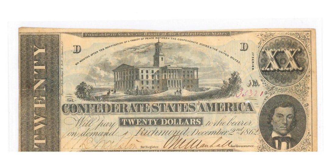 1862 Richmond $20 Confederate Currency: cancelled with bank hammer