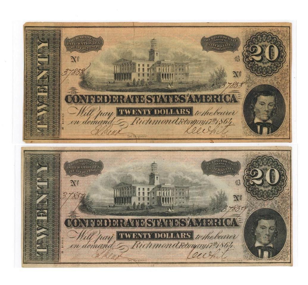 (2) 1864 Richmond $20 Confederate Currency (1 of 2)