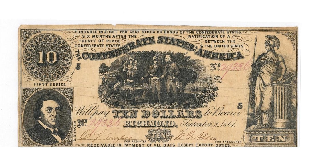1861 Richmond $10 Confederate Currency: cancelled with bank hammer