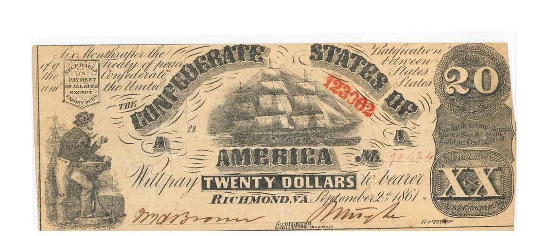 1861 Richmond $20 Confederate Currency: cancelled with bank hammer