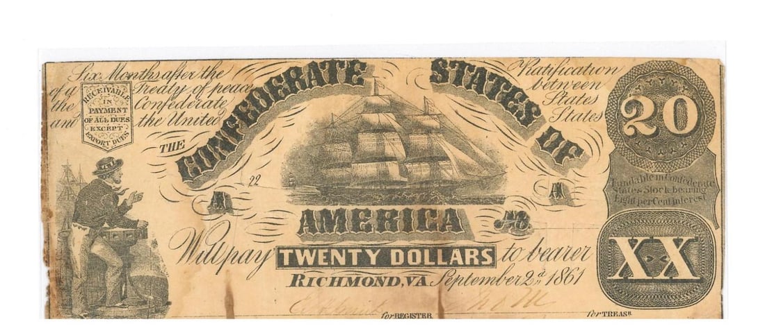 1861 Richmond $20 Confederate Currency: cancelled with bank hammer
