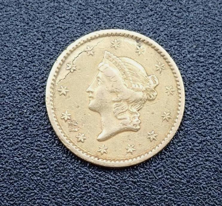 1849 U.S. Gold Dollar: closed wreath, crack