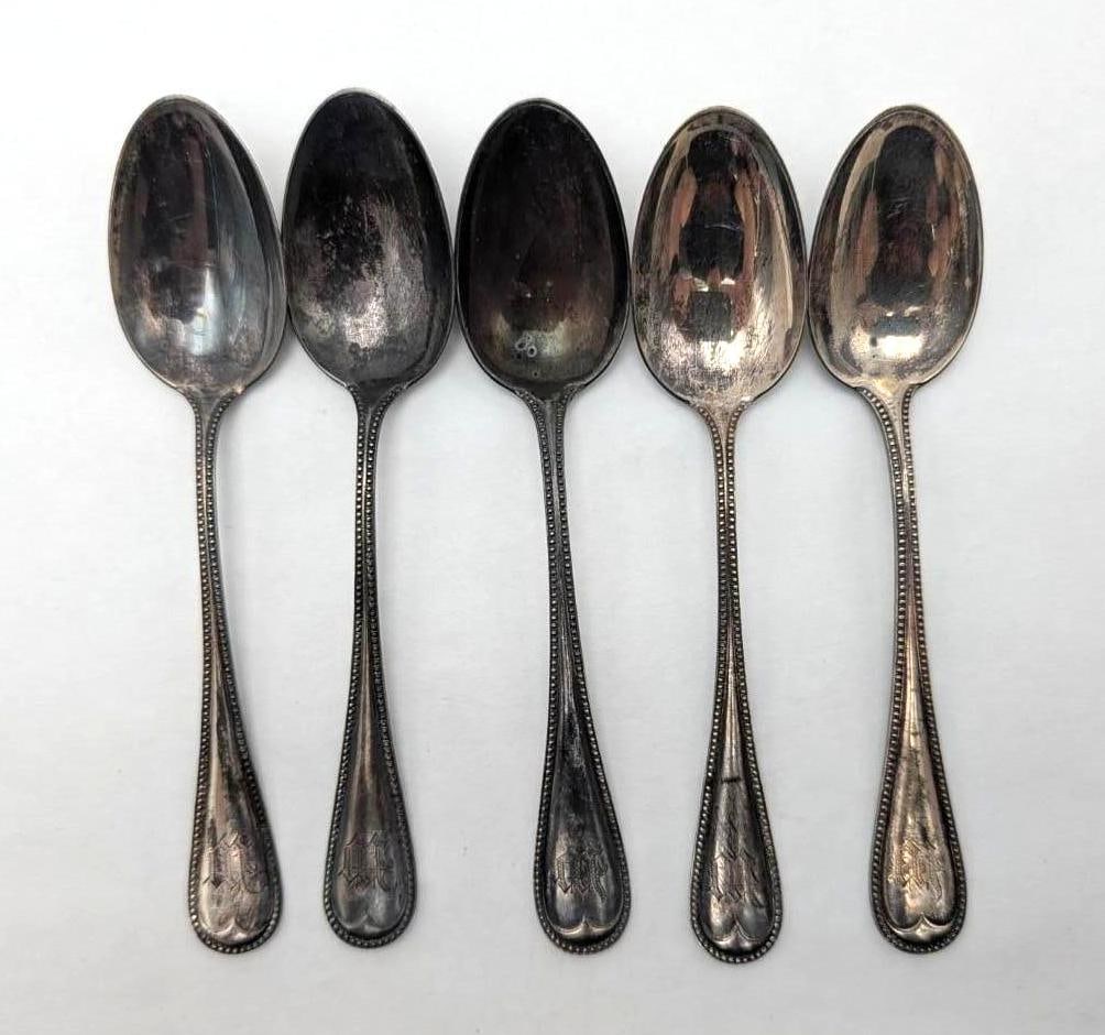 (5) Durgin Sterling Silver Teaspoons: 114.35 grams, monogrammed