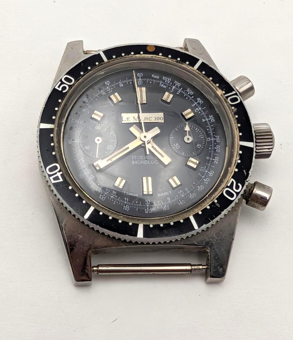 Vintage Le Marc 100 Incabloc Chronograph Wrist Watch: Swiss made, 38mm case, seems to have some of its functions
