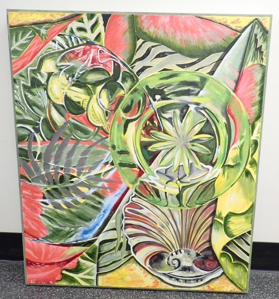 Carolyn Shattuck Oil on Canvas Painting "After The Blue Funk II": 43" x 37", titled and signed en verso. Carolyn Shattuck is a Vermont artist and works in multiple mediums.