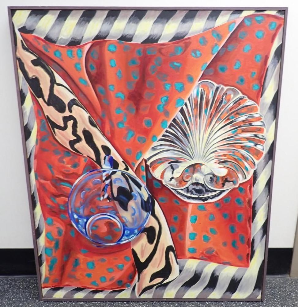 Carolyn Shattuck Oil on Canvas Painting "Flea Market IV": 45" x 37", titled and signed en verso. Carolyn Shattuck is a Vermont artist and works in multiple mediums.