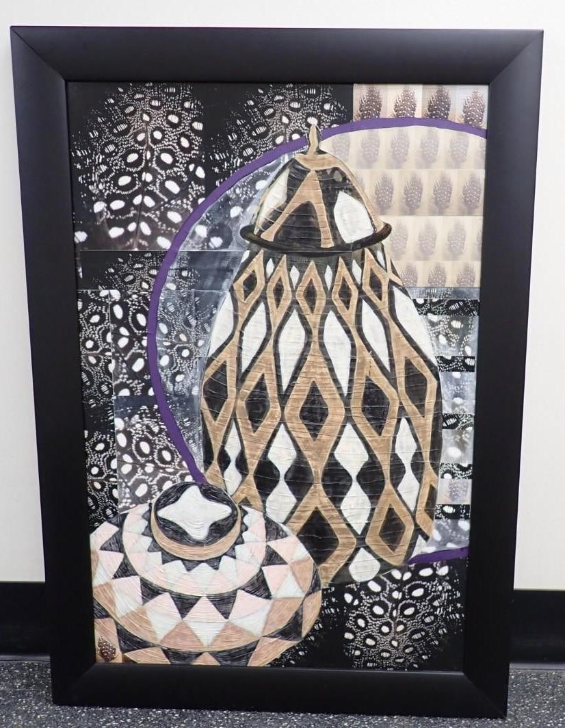 Carolyn Shattuck Collage "New Guinea Fowl 2": 41" x 29" framed, titled and signed en verso. Carolyn Shattuck is a Vermont artist and works in multiple mediums.