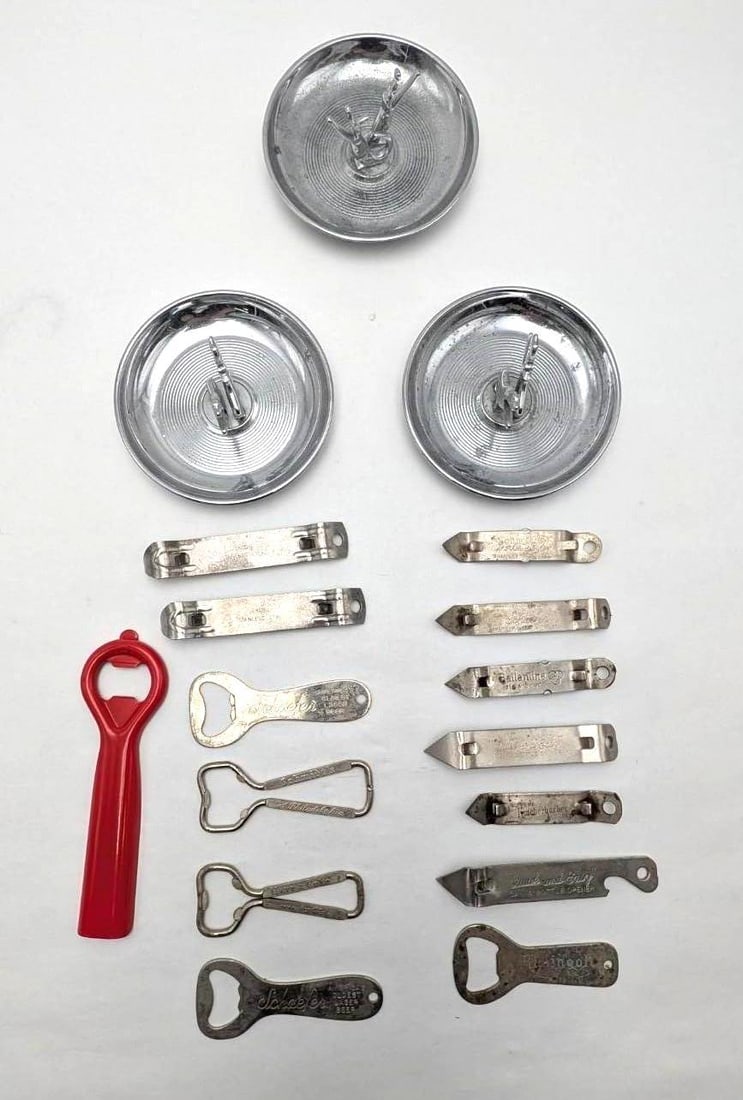 (3) Mid Century Modern Diecasters "Pincherette" Chrome Ashtrays: and collection of advertising bottle openers