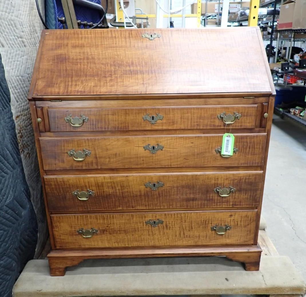 Custom Chippendale Style Curly Maple Slant Front Desk: 36.5" x 19.25" x 40" in height