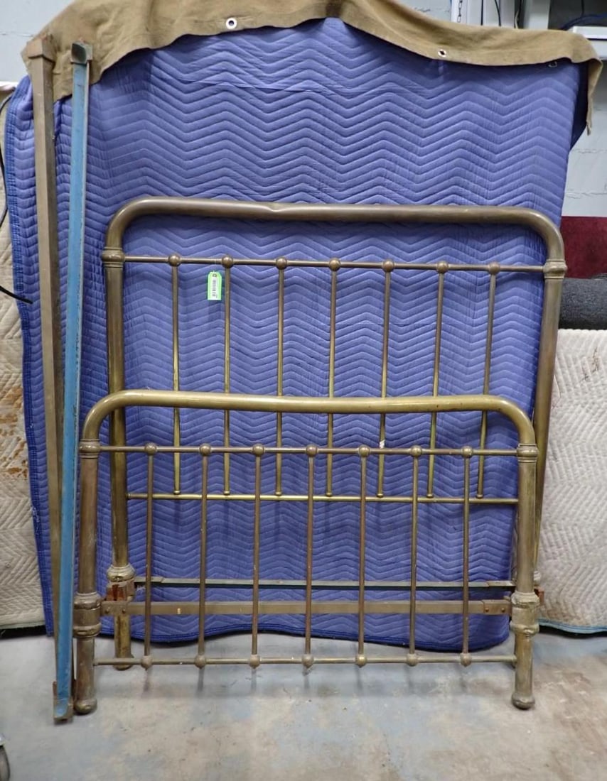 Vintage Full Size Brass Bed: with rails; minor bend and dent to top rails
