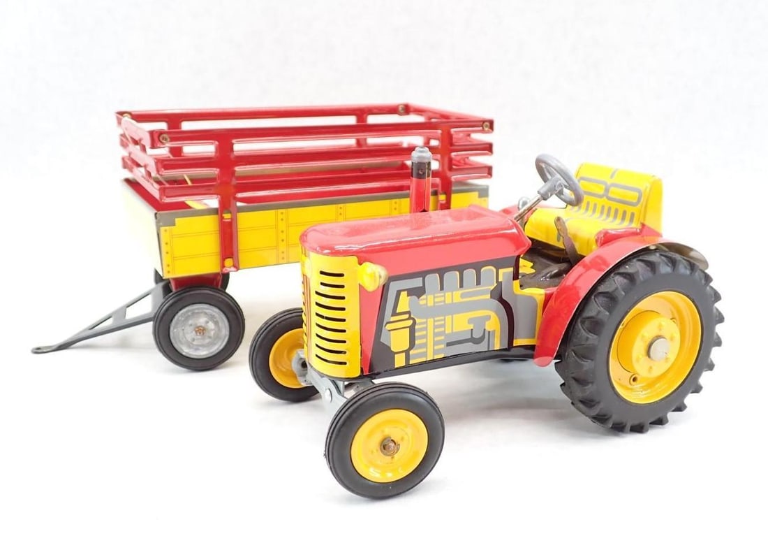 Pressed Steel Toy Zetor Tractor and Trailer: 13" total length