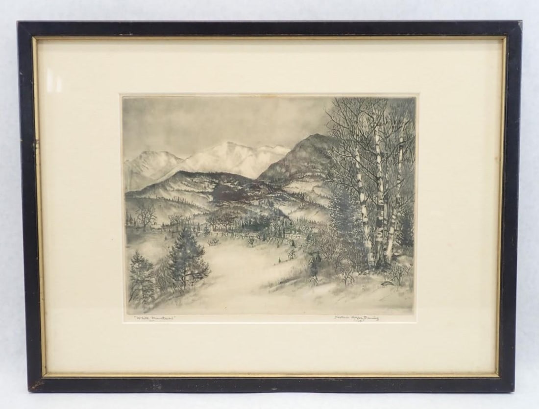 Beatrice Harper Banning Drypoint "White Mountains": signed and tagged en verso, 15" x 20" framed