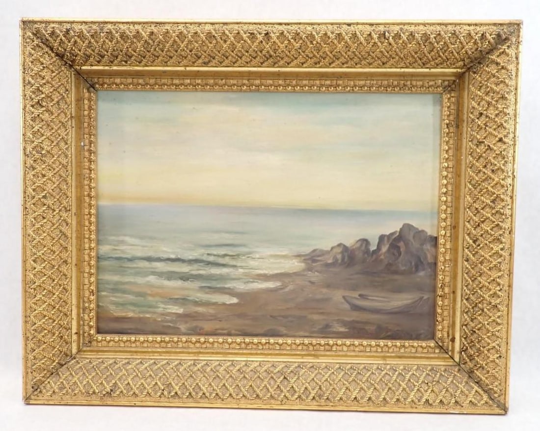 Unsigned Antique Seascape Oil on Artist's Board Painting: in a Good Frame, 14.375" x 18.25" framed