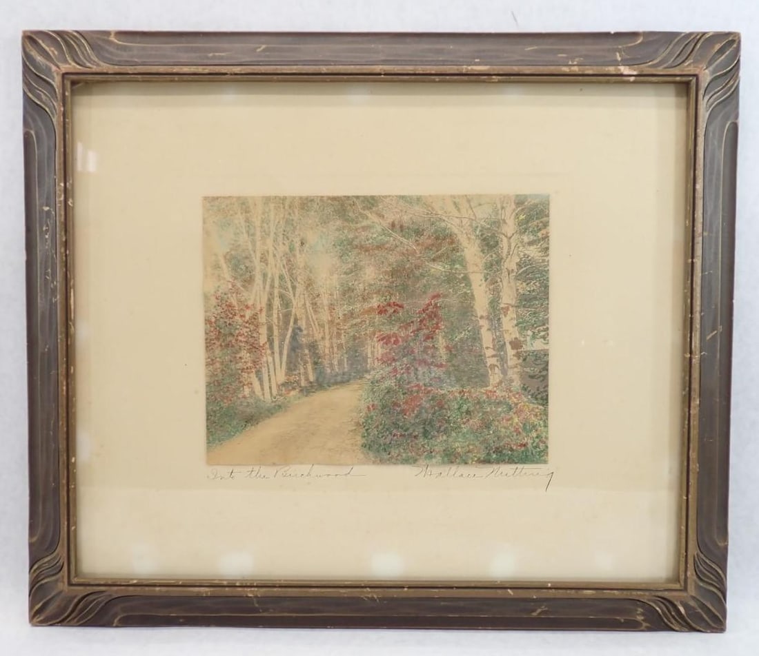 Antique Wallace Nutting Colored Photograph "Into the Birchwood": signed; 16.5" x 19.5" framed
