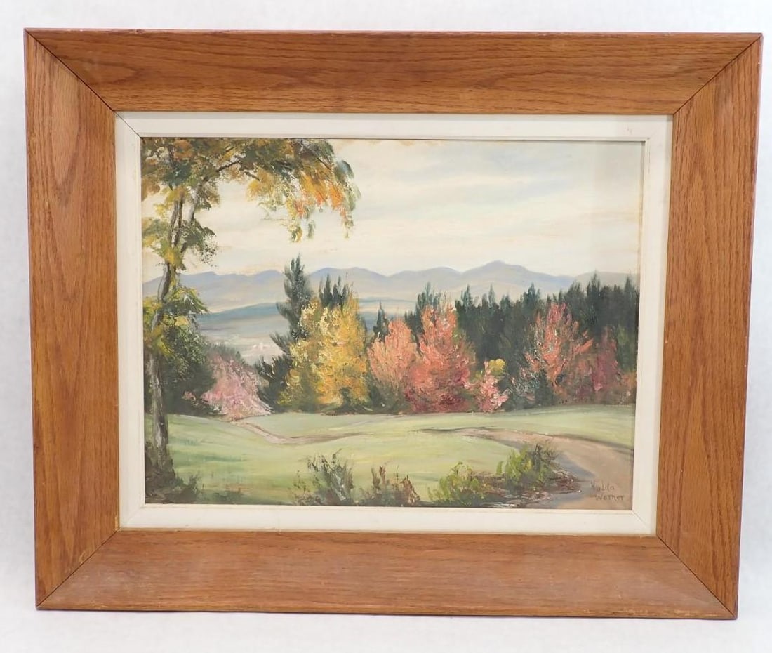 Hulda Werner Oil on Artist's Board Painting "Sterling Range #33": Vermont artist; signed lower right; inscribed en verso "Sterling Range #33 / View of Mt. Mansfield - Madonna and Spruce Peak / -Vermont-"; 17.25" x 21.25" framed