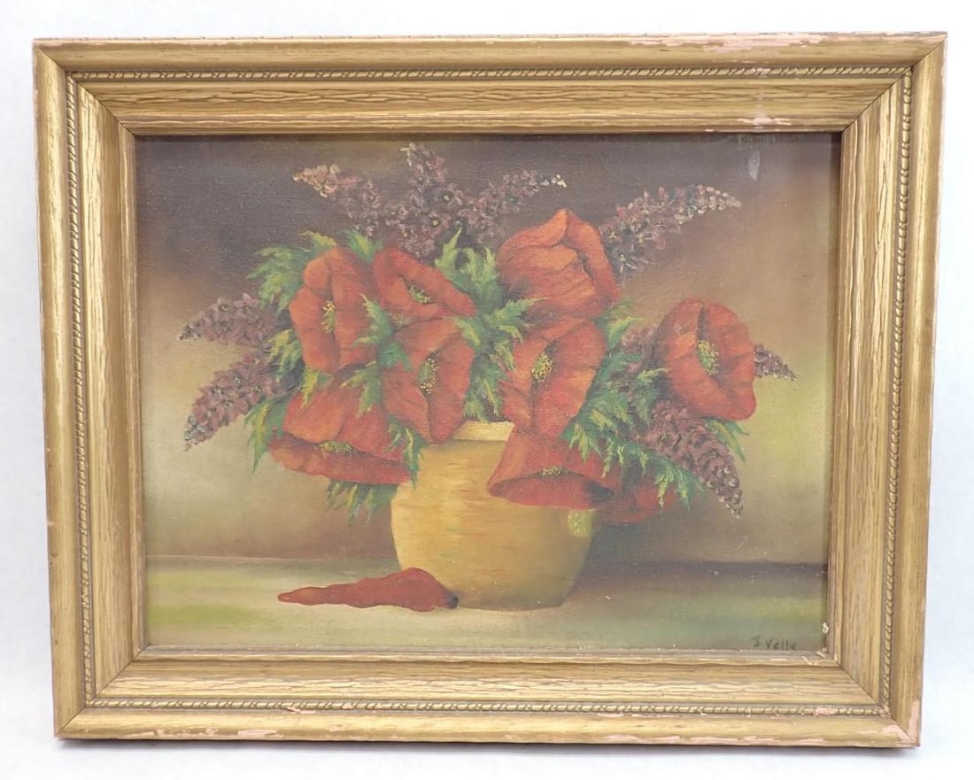 Vintage S. Vella Oil on Canvas Poppies Still Life Painting: signed lower right, 15.75" x 19.75" framed