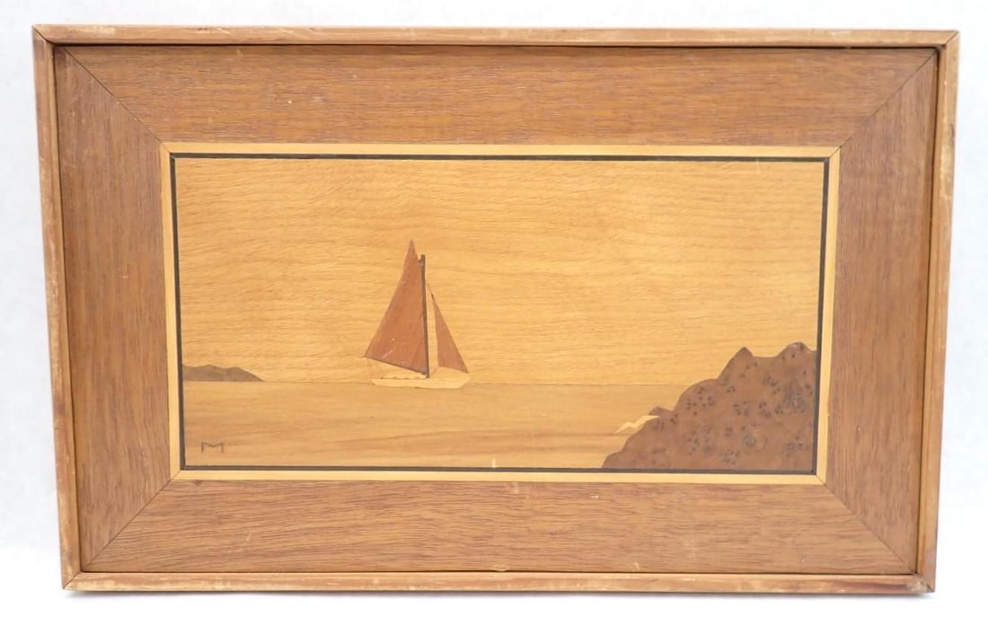 Mollie Mullins Inlaid Wood Panel: signed lower left "M" and en verso, 8" x 12" overall