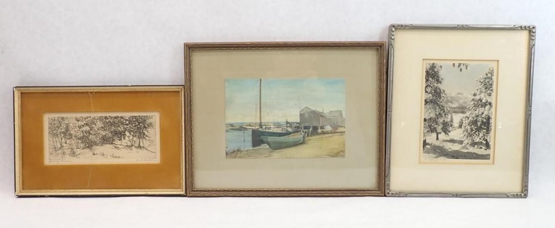 (3) Vintage Flat Art Objects: incl.: M.S. Carfer Engraving "Young Birches", 6.125' x 9.375" framed, glass cracked; Elsie L. Olmsted Colored Photograph "Cape Cod", 8.625" x 11.125" framed; Colored Photograph "The Majesty of